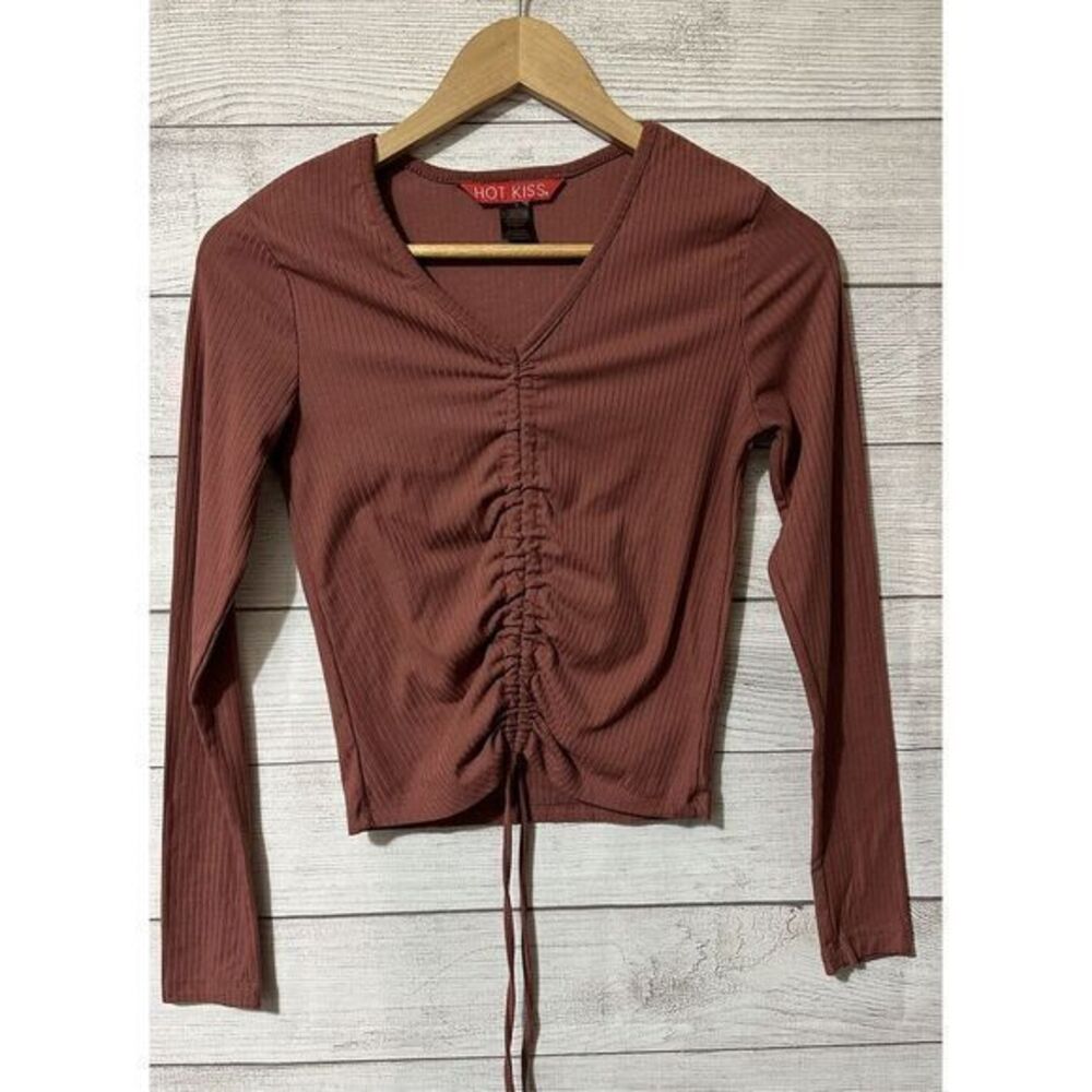 Hot Kiss Womens Ribbed Long Sleeve Size Small Tie V Neck Top Pullover